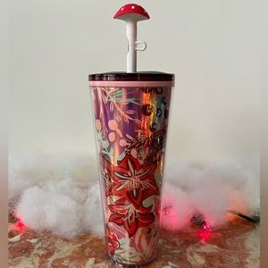 2022 Starbucks HolidayTumbler Pink "Enchanted Forest" with Mushroom Straw Topper